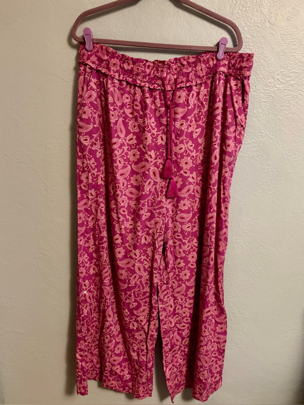 Knox Rose XL Pull On Elastic Waist Wide Leg Pink Pants Boho Beach Drawstring